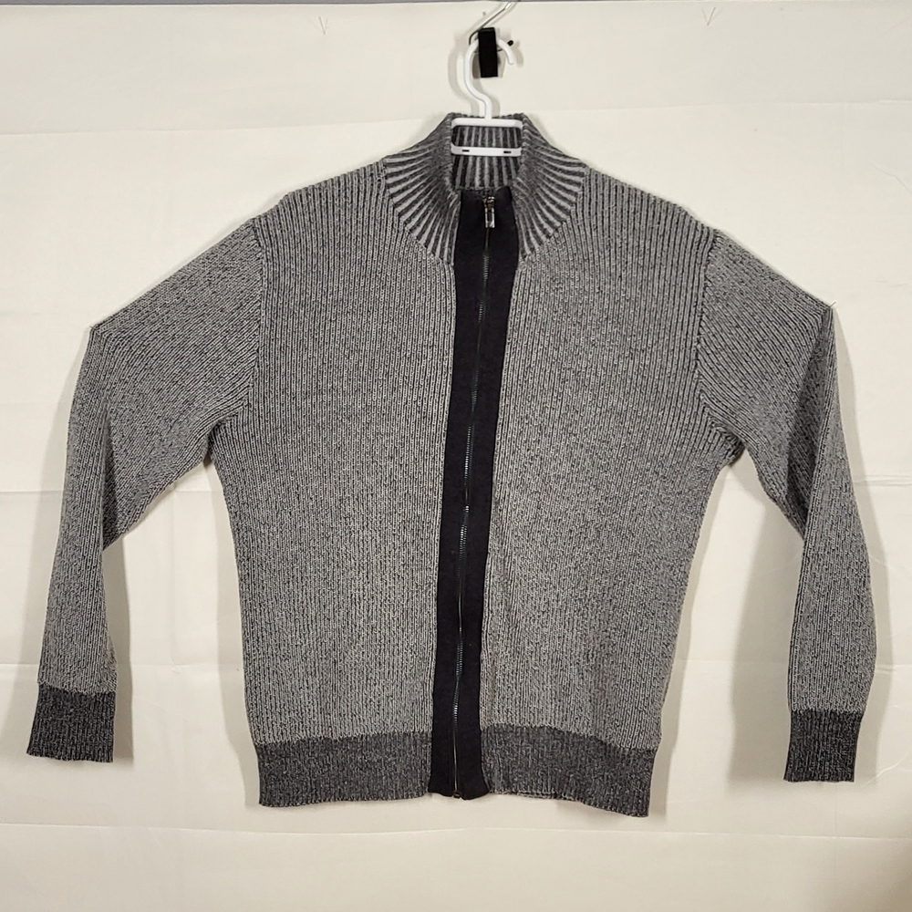 Guess Men's Grey Ribbed Full-Zip Sweater with Black Trim